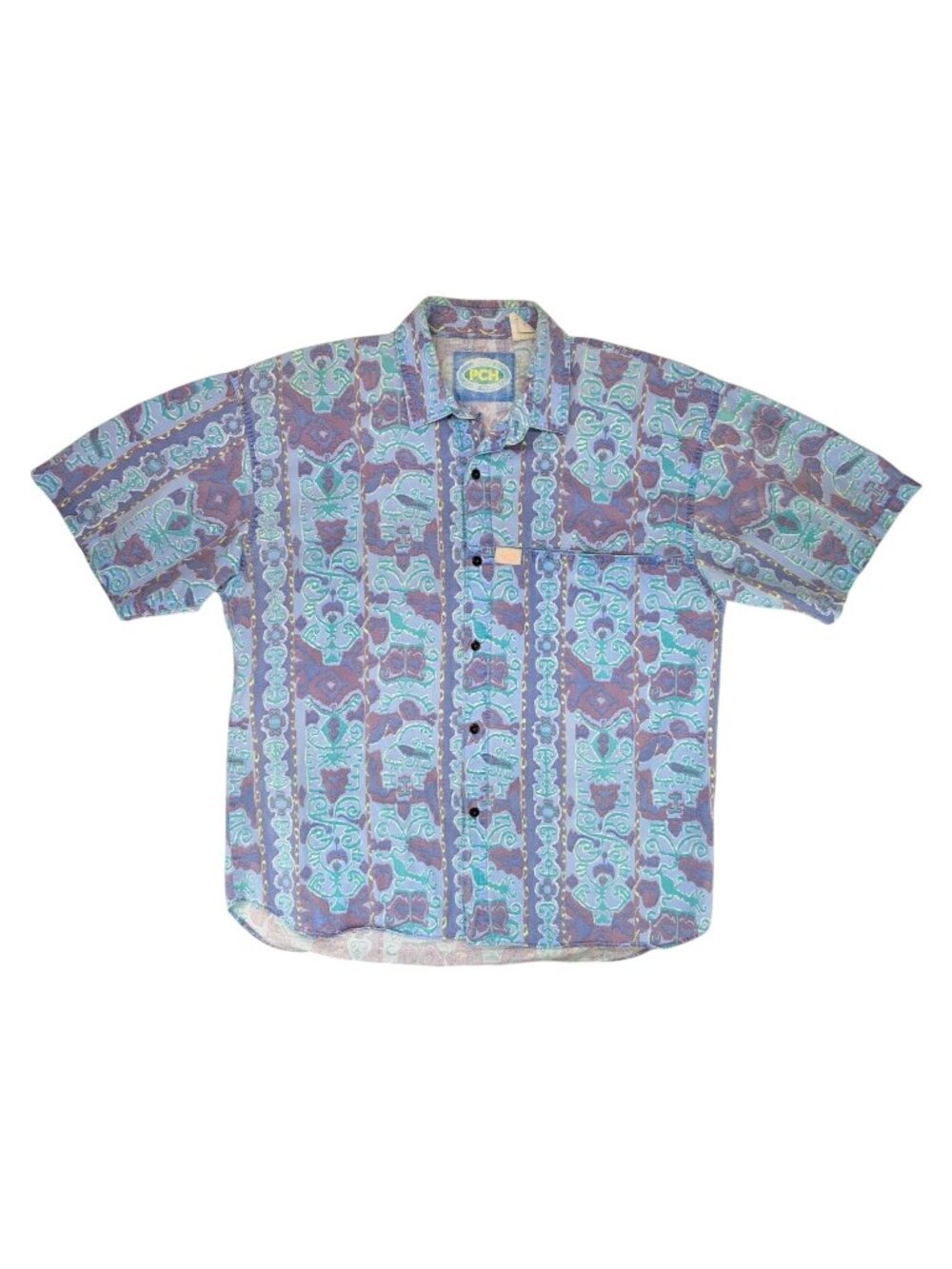 Vintage PCH Pacific Coast Highway Men Medium Ikat Print Button Shirt Purple Tiki